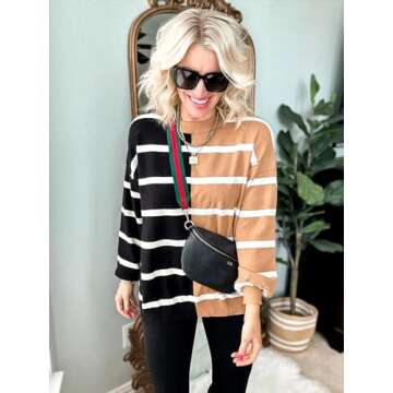 Fisoew Womens Striped Pullover Sweater Crew Neck Long Sleeve Knitted Color Block Casual Loose Lightweight Sweaters for Women