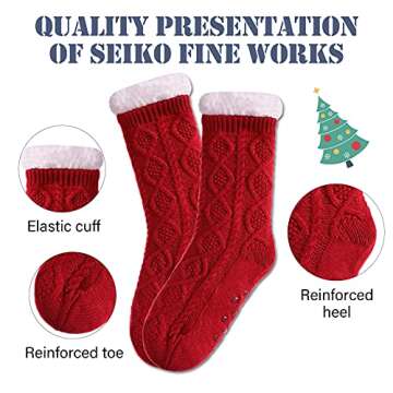 LINEMIN Womens Slipper Socks Winter Warm Fleece Lined Socks Cozy Soft Thick Fuzzy Non Slip Indoor Christmas Socks (Red Rhombic)
