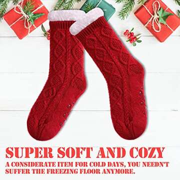 LINEMIN Womens Slipper Socks Winter Warm Fleece Lined Socks Cozy Soft Thick Fuzzy Non Slip Indoor Christmas Socks (Red Rhombic)