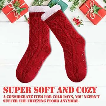 LINEMIN Womens Slipper Socks Winter Warm Fleece Lined Socks Cozy Soft Thick Fuzzy Non Slip Indoor Christmas Socks (Red Rhombic)
