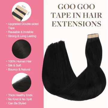 GOO GOO Tape in Hair Extensions Human Hair, 1 Jet black, 20inch 50g 20pcs, Thick Ends Straight Seaml...