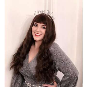 Netgo Brown Wigs, Long Brown Wig with Bangs, Long Curly Wavy Hair Wigs for Women, Heat Resistant Fib...