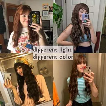 Netgo Brown Wigs, Long Brown Wig with Bangs, Long Curly Wavy Hair Wigs for Women, Heat Resistant Fiber Synthetic Daily Party Cosplay Wigs for Girl