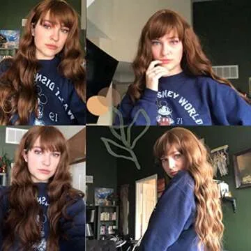 Netgo Brown Wigs, Long Brown Wig with Bangs, Long Curly Wavy Hair Wigs for Women, Heat Resistant Fiber Synthetic Daily Party Cosplay Wigs for Girl