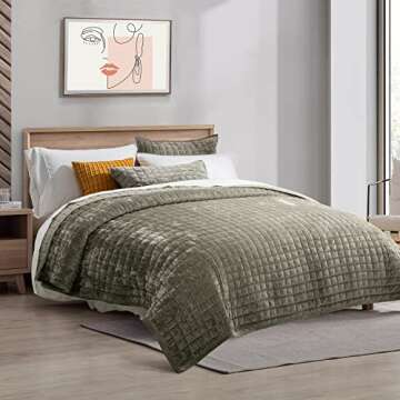 RECYCO Luxury Velvet Quilt Set Full Queen Size, Lightweight Velvet Comforter Set, Oversized Bedspread Coverlet Quilted Bedding Set, with 2 Matching Pillow Shams, for All Season, Olive Green