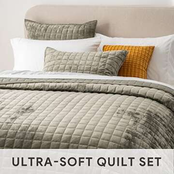 RECYCO Luxury Velvet Quilt Set Full Queen Size, Lightweight Velvet Comforter Set, Oversized Bedspread Coverlet Quilted Bedding Set, with 2 Matching Pillow Shams, for All Season, Olive Green