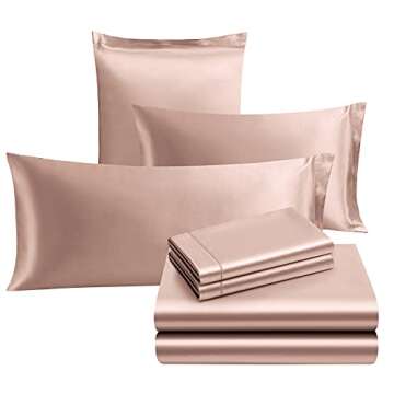 Ersmak 7 Pieces Satin Sheets Set Queen Size, Luxury Silky Champagne Satin Bed Sheets Set with 1 Deep Pocket Fitted Sheet, 1 Soft Flat Sheet, 4 Queen Pillowcases and 1 Body Pillowcase