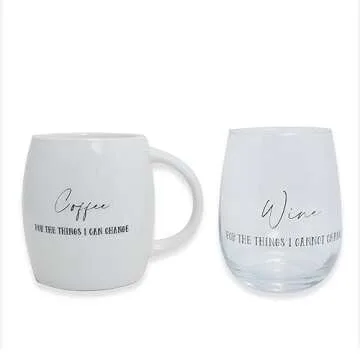 Coffee Mug Wine Gift Set, White Cup and Stemless Wine Glass Set for Coworker Best Friend Teacher Doc...