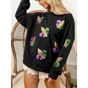 Joiemont Womens Mardi Gras Sweatshirt Fleur De Lis Sequin Patches Pullover Crewneck Long Sleeve Tops...