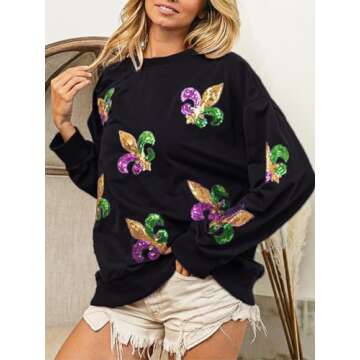 Joiemont Womens Mardi Gras Sweatshirt Fleur De Lis Sequin Patches Pullover Crewneck Long Sleeve Tops(0541-Black-M)