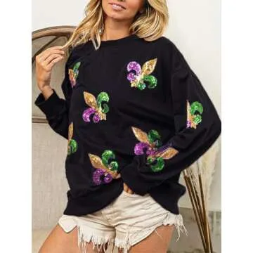 Joiemont Womens Mardi Gras Sweatshirt Fleur De Lis Sequin Patches Pullover Crewneck Long Sleeve Tops(0541-Black-M)