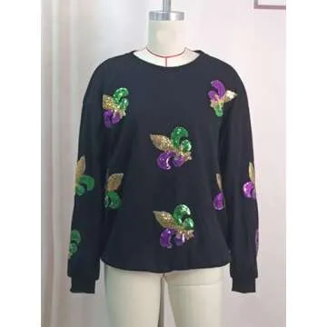Joiemont Womens Mardi Gras Sweatshirt Fleur De Lis Sequin Patches Pullover Crewneck Long Sleeve Tops(0541-Black-M)