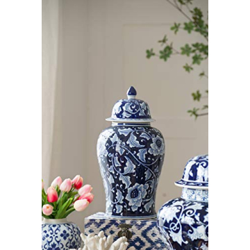A&B Home 18" Porcelain Decorative Jar with Lid Blue White Floral Print Vase Ginger Jar Centerpiece D...