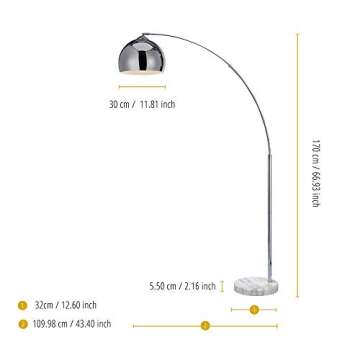 Teamson Home Arquer 68.1" Arc Floor Lamp for Living Rooms, Home Offices, Dining Rooms, Bedrooms with Faux White Marble Base and Chrome Bell Shade