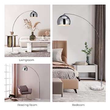 Teamson Home Arquer 68.1" Arc Floor Lamp for Living Rooms, Home Offices, Dining Rooms, Bedrooms with Faux White Marble Base and Chrome Bell Shade