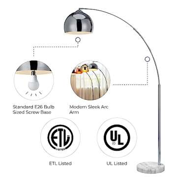 Teamson Home Arquer 68.1" Arc Floor Lamp for Living Rooms, Home Offices, Dining Rooms, Bedrooms with Faux White Marble Base and Chrome Bell Shade