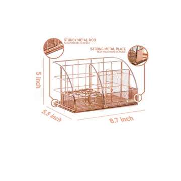 rosework Rose Gold Desk Organizer for Women, Mesh Office Supplies Desk Accessories, Features 5 Compartments + 1 Mini Sliding Drawer