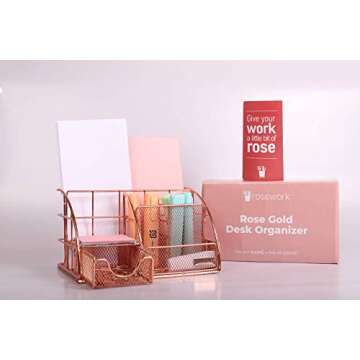 rosework Rose Gold Desk Organizer for Women, Mesh Office Supplies Desk Accessories, Features 5 Compartments + 1 Mini Sliding Drawer