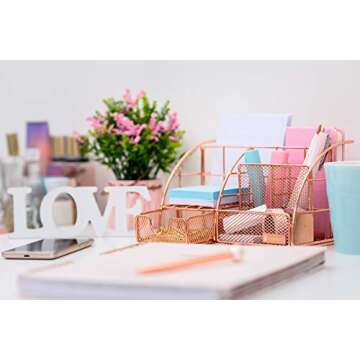 rosework Rose Gold Desk Organizer for Women, Mesh Office Supplies Desk Accessories, Features 5 Compartments + 1 Mini Sliding Drawer