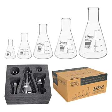 EISCO Premium Erlenmeyer Flask Set - 50ml, 150ml, 250ml, 500ml & 1000ml - Narrow Neck, White Graduat...