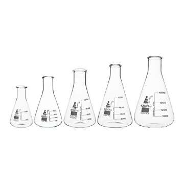 EISCO Premium Erlenmeyer Flask Set - 50ml, 150ml, 250ml, 500ml & 1000ml - Narrow Neck, White Graduations - Superior Durability & Chemical Resistance - Borosilicate 3.3 Glass