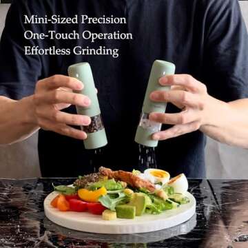 Small Electric Salt and Pepper Grinder Set, USB Rechargeable, Automatic Pepper Mill Grinder with Adjustable Coarseness, Electric Salt Shakers, One Hand Operation for Kitchen (2 Packs, Sage)