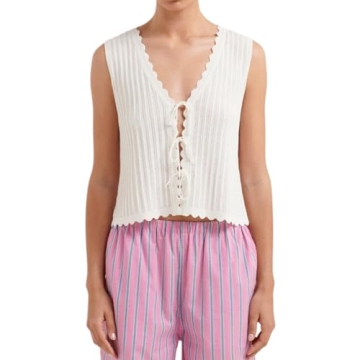 LouVasabuce Women Y2k Tie Front Crochet Knitted Tank Top Summer V-Neck Basic Crop Vest Sleeveless Go...