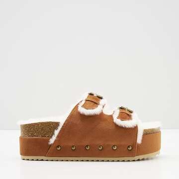 ATBELL Fuzzy Slippers for Women Open Toe Cork Footbed Fluffy Faux Fur Slide Sandals Comfort Flatform Sandals with Adjustable Buckles Beige