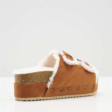 ATBELL Fuzzy Slippers for Women Open Toe Cork Footbed Fluffy Faux Fur Slide Sandals Comfort Flatform Sandals with Adjustable Buckles Beige