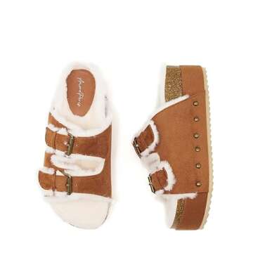 ATBELL Fuzzy Slippers for Women Open Toe Cork Footbed Fluffy Faux Fur Slide Sandals Comfort Flatform Sandals with Adjustable Buckles Beige