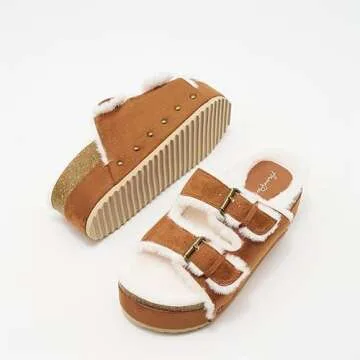 ATBELL Fuzzy Slippers for Women Open Toe Cork Footbed Fluffy Faux Fur Slide Sandals Comfort Flatform Sandals with Adjustable Buckles Beige