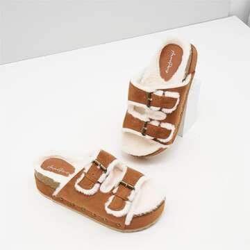 ATBELL Fuzzy Slippers for Women Open Toe Cork Footbed Fluffy Faux Fur Slide Sandals Comfort Flatform Sandals with Adjustable Buckles Beige