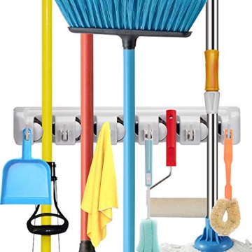 CHAMPS Wall Mounted Mop Broom Holder – 5 Slots & 6 Hooks for Ultimate Organization