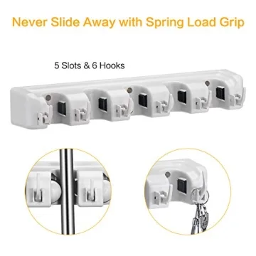CHAMPS Wall Mounted Mop Broom Holder 5 Slots 6 Hooks