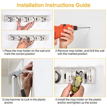 CHAMPS Wall Mounted Mop Broom Holder 5 Slots 6 Hooks