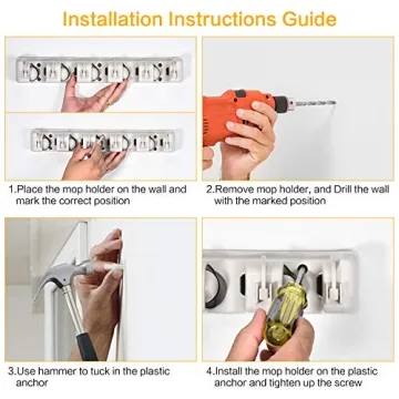 CHAMPS Wall Mounted Mop Broom Holder 5 Slots 6 Hooks