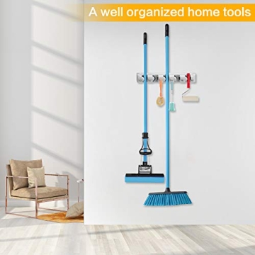 CHAMPS Wall Mounted Mop Broom Holder 5 Slots 6 Hooks