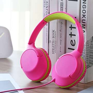 POWMEE Kids Headphones Over-Ear Headphones for Kids/Teens/School with 94dB Volume Limited Adjustable Stereo 3.5MM Jack Wire Cord for Fire Tablets/Travel/PC/Phones(Rose Red)