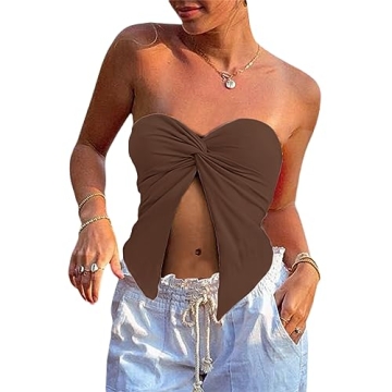 WPNAKS Women Sexy Strapless Tube Top Summer Y2k Going Out Tops Twist Knot Split Front Bandeau Crop S...