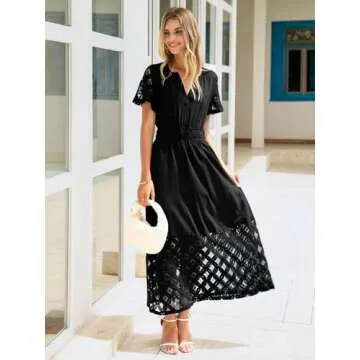 Simplee Women's Black Lace Maxi Dress Casual Short Sleeve Summer Wedding Guest Dresses with Pockets ...