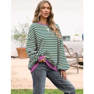 UEU Womens Oversized Crewneck Sweatshirt Striped Long Sleeve Loose Fashion Trendy Pullover Top Malachite Green Striped Medium