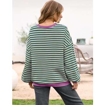 UEU Womens Oversized Crewneck Sweatshirt Striped Long Sleeve Loose Fashion Trendy Pullover Top Malachite Green Striped Medium