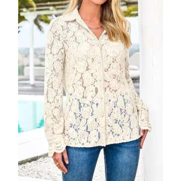BTFBM Long Sleeve Lace Blouses for Women 2025 Spring Dressy Casual Button Down Shirts Date Night Outfit Club Party Tops(Beige, Small)