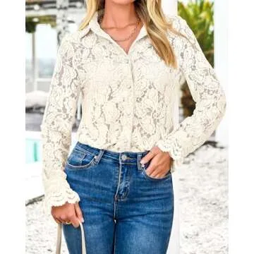 BTFBM Long Sleeve Lace Blouses for Women 2025 Spring Dressy Casual Button Down Shirts Date Night Outfit Club Party Tops(Beige, Small)