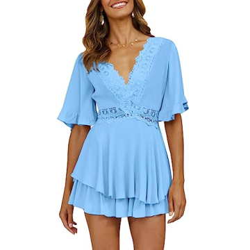 AIMCOO Women Crochet Lace Romper Sexy V-Neck Summer Jumpsuit