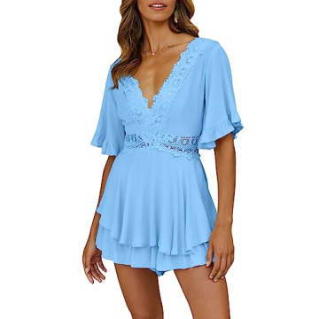 AIMCOO Women Crochet Lace Romper Sexy V-Neck Summer Jumpsuit