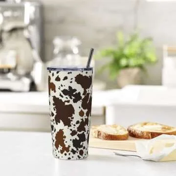 Western Cow Print Tumbler with Lid and Straw, 20 Oz Stainless Steel Insulated Brown Cow Water Bottle Cup Coffee Mug