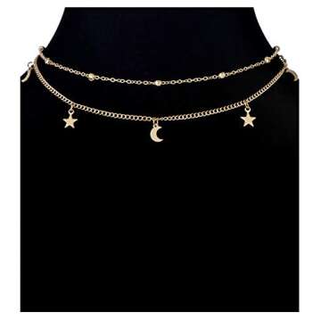 Ofeiyaa 12pcs Chain Gold Bead Necklace Coin Moon Star Pearl Pendant Chain Choker Multilayer Necklace Leather Cord Set for Women Men Gold Adjustable