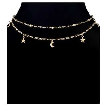 Ofeiyaa 12pcs Chain Gold Bead Necklace Coin Moon Star Pearl Pendant Chain Choker Multilayer Necklace Leather Cord Set for Women Men Gold Adjustable