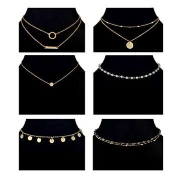 Ofeiyaa 12pcs Chain Gold Bead Necklace Coin Moon Star Pearl Pendant Chain Choker Multilayer Necklace Leather Cord Set for Women Men Gold Adjustable